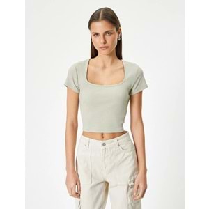 Sırt Dekolteli Tişört Crop Kısa Kollu Fitilli Slim Fit - KOTON - 4SAL10804IK - HAKİ - M