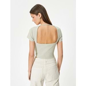 Sırt Dekolteli Tişört Crop Kısa Kollu Fitilli Slim Fit - KOTON - 4SAL10804IK - HAKİ - M