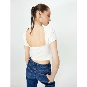 Sırt Dekolteli Tişört Crop Kısa Kollu Fitilli Slim Fit - KOTON - 4SAL10804IK - EKRU - L