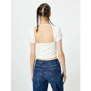 Sırt Dekolteli Tişört Crop Kısa Kollu Fitilli Slim Fit - KOTON - 4SAL10804IK - EKRU - L