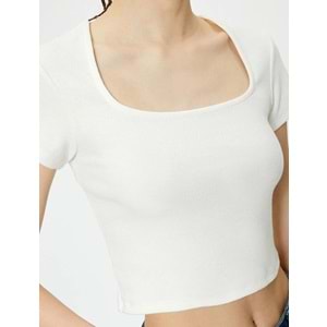 Sırt Dekolteli Tişört Crop Kısa Kollu Fitilli Slim Fit - KOTON - 4SAL10804IK - EKRU - L