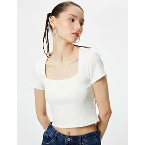 Sırt Dekolteli Tişört Crop Kısa Kollu Fitilli Slim Fit - KOTON - 4SAL10804IK - EKRU - L