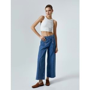 Geniş Kısa Paça Kot Pantolon Düğmeli Yüksek Bel - Sandra Jeans - KOTON - 4SAL40087MD - ORTA İNDİGO - 31/32