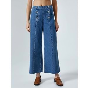Geniş Kısa Paça Kot Pantolon Düğmeli Yüksek Bel - Sandra Jeans - KOTON - 4SAL40087MD - ORTA İNDİGO - 31/32
