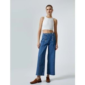 Geniş Kısa Paça Kot Pantolon Düğmeli Yüksek Bel - Sandra Jeans - KOTON - 4SAL40087MD - ORTA İNDİGO - 31/32