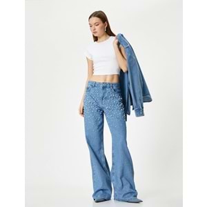 Taşlı Kot Pantolon Geniş Paça Cepli Standart Bel - KOTON - 4SAL40181MD - AÇIK İNDİGO - 26/32