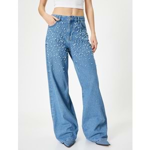 Taşlı Kot Pantolon Geniş Paça Cepli Standart Bel - KOTON - 4SAL40181MD - AÇIK İNDİGO - 26/32