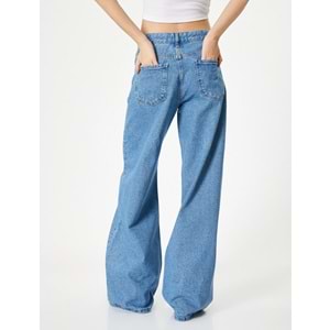 Taşlı Kot Pantolon Geniş Paça Cepli Standart Bel - KOTON - 4SAL40181MD - AÇIK İNDİGO - 27/32
