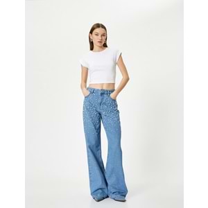 Taşlı Kot Pantolon Geniş Paça Cepli Standart Bel - KOTON - 4SAL40181MD - AÇIK İNDİGO - 27/32