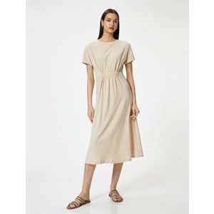 Midi Elbise Bisiklet Yaka Kısa Kollu Beli Büzgü Detaylı - KOTON - 4SAK80001UK - BEJ - S