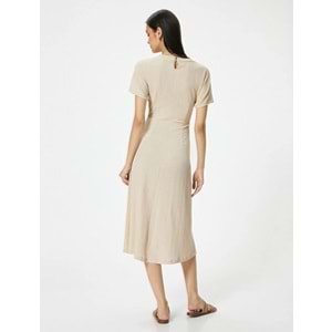 Midi Elbise Bisiklet Yaka Kısa Kollu Beli Büzgü Detaylı - KOTON - 4SAK80001UK - BEJ - S