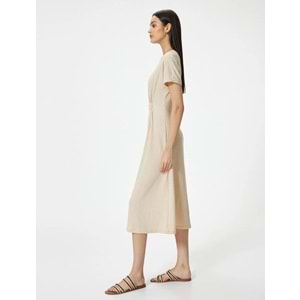 Midi Elbise Bisiklet Yaka Kısa Kollu Beli Büzgü Detaylı - KOTON - 4SAK80001UK - BEJ - S