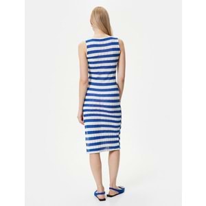 Midi Elbise Yırtmaç Detaylı Bisiklet Yaka - KOTON - 4SAK80107EK - MAVİ ÇİZGİLİ - XL