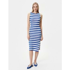 Midi Elbise Yırtmaç Detaylı Bisiklet Yaka - KOTON - 4SAK80107EK - MAVİ ÇİZGİLİ - XL