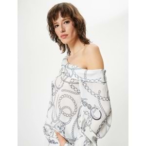 Degaje Yaka Bluz Şal Desenli Uzun Kollu - KOTON - 4SAK60314UW - BEYAZ DESENLİ - 42