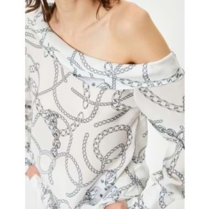 Degaje Yaka Bluz Şal Desenli Uzun Kollu - KOTON - 4SAK60314UW - BEYAZ DESENLİ - 42