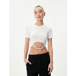 Crop Tişört Metal Aksesuar Detaylı Kısa Kollu Bisiklet Yaka - KOTON - 4SAL10036IK - EKRU - M