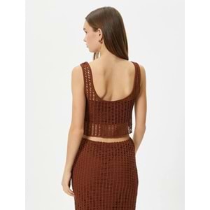 Fileli Crop Atlet Kalın Askılı U Yaka Slim Fit - KOTON - 4SAL30063IK - KAHVERENGİ - S