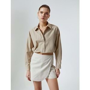 Paraşüt Kumaş Crop Gömlek Oversize Beli Lastikli - KOTON - 4SAL60011IW - BEJ - 34