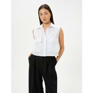 Crop Poplin Gömlek Kolsuz Kargo Cepli Manşet Yaka Düğmeli - KOTON - 4SAK60011EW - KIRIK BEYAZ - 44