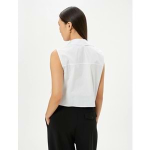 Crop Poplin Gömlek Kolsuz Kargo Cepli Manşet Yaka Düğmeli - KOTON - 4SAK60011EW - KIRIK BEYAZ - 44