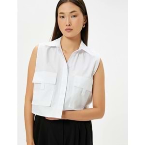 Crop Poplin Gömlek Kolsuz Kargo Cepli Manşet Yaka Düğmeli - KOTON - 4SAK60011EW - KIRIK BEYAZ - 44