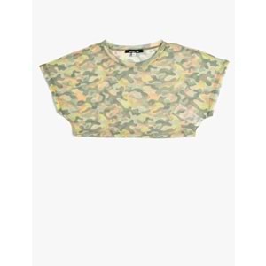 Transparan Crop Tişört Spor Kısa Kollu Bisiklet Yaka Kamuflaj Desenli - KOTON - 4SAK10067NK - YEŞİL DESENLİ - S