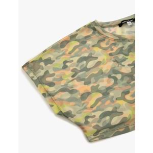 Transparan Crop Tişört Spor Kısa Kollu Bisiklet Yaka Kamuflaj Desenli - KOTON - 4SAK10067NK - YEŞİL DESENLİ - S