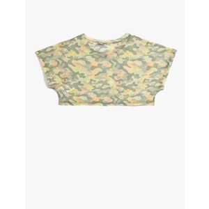 Transparan Crop Tişört Spor Kısa Kollu Bisiklet Yaka Kamuflaj Desenli - KOTON - 4SAK10067NK - YEŞİL DESENLİ - S