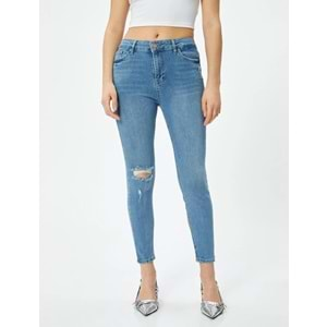 Dar Kesim Yüksek Bel Kot Pantolon Yıpratmalı Esnek Cepli Pamuklu - Carmen Skinny Jeans 4sal40060md