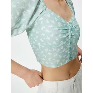 Balon Kol Crop Bluz Çiçekli Düğmeli V Yaka Viskoz Kumaş - KOTON - 4SAL60014IW - YEŞİL DESENLİ - 40