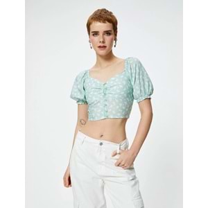 Balon Kol Crop Bluz Çiçekli Düğmeli V Yaka Viskoz Kumaş - KOTON - 4SAL60014IW - YEŞİL DESENLİ - 40