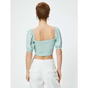 Balon Kol Crop Bluz Çiçekli Düğmeli V Yaka Viskoz Kumaş - KOTON - 4SAL60014IW - YEŞİL DESENLİ - 40