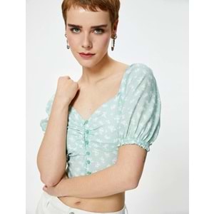 Balon Kol Crop Bluz Çiçekli Düğmeli V Yaka Viskoz Kumaş - KOTON - 4SAL60014IW - YEŞİL DESENLİ - 40