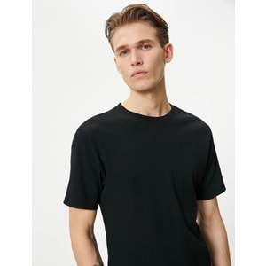 Fitilli Tişört Dokulu Bisiklet Yaka Kısa Kollu Pamuklu - KOTON - 4SAM10272HK - SİYAH - XL
