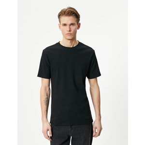 Fitilli Tişört Dokulu Bisiklet Yaka Kısa Kollu Pamuklu - KOTON - 4SAM10272HK - SİYAH - XL