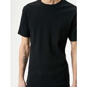 Fitilli Tişört Dokulu Bisiklet Yaka Kısa Kollu Pamuklu - KOTON - 4SAM10272HK - SİYAH - XL