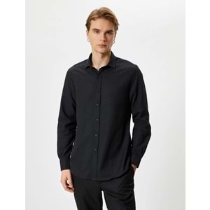 Slim Fit Gömlek Yarım İtalyan Yaka Uzun Kollu - KOTON - 4SAM60007HW - SİYAH - XXL