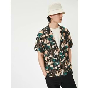Soyut Desenli Gömlek Kısa Kollu Devrik Yaka Viskon Kumaş - KOTON - 4SAM60042HW - YEŞİL DESENLİ - XXL