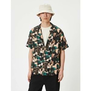 Soyut Desenli Gömlek Kısa Kollu Devrik Yaka Viskon Kumaş - KOTON - 4SAM60042HW - YEŞİL DESENLİ - XXL