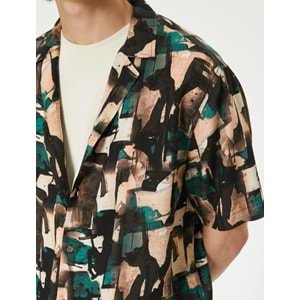 Soyut Desenli Gömlek Kısa Kollu Devrik Yaka Viskon Kumaş - KOTON - 4SAM60042HW - YEŞİL DESENLİ - XXL