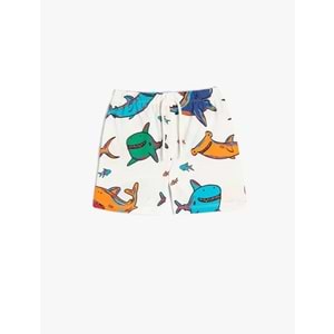 Erkek Bebek Şort Beli Bağlamalı Köpek Balığı Baskılı Pamuklu - KOTON - 4SMB40099TK - EKRU DESENLİ - 9-12 AY