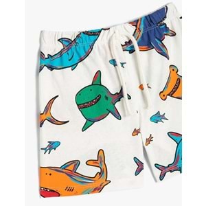 Erkek Bebek Şort Beli Bağlamalı Köpek Balığı Baskılı Pamuklu - KOTON - 4SMB40099TK - EKRU DESENLİ - 9-12 AY