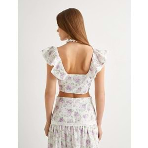 Crop Fisto Çiçekli Üst Fırfırlı Pamuklu - KOTON - 4SAK30059EW - LİLA DESENLİ - 36