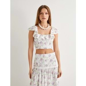 Crop Fisto Çiçekli Üst Fırfırlı Pamuklu - KOTON - 4SAK30059EW - LİLA DESENLİ - 36