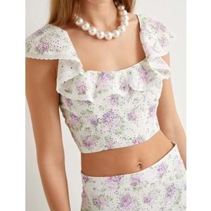 Crop Fisto Çiçekli Üst Fırfırlı Pamuklu - KOTON - 4SAK30059EW - LİLA DESENLİ - 36
