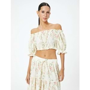Crop Straplez Atlet Çiçekli Fırfırlı Pamuklu Slim Fit - KOTON - 4SAK30062EW - PEMBE DESENLİ - 42