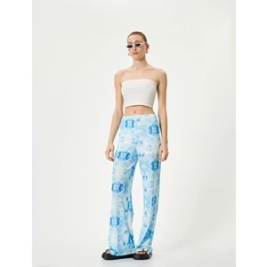 Bol Paça Pantolon Batik Desenli Normal Bel - KOTON - 4SAK40011EK - MAVİ DESENLİ - S