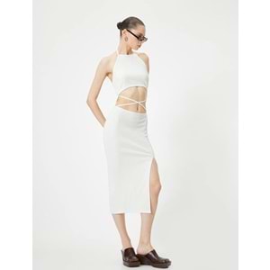 Halter Yaka Elbise Midi Pencere Detaylı Önden Yırtmaçlı Slim Fit - KOTON - 4SAL80022IK - EKRU - S