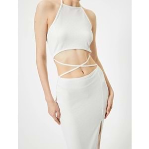 Halter Yaka Elbise Midi Pencere Detaylı Önden Yırtmaçlı Slim Fit - KOTON - 4SAL80022IK - EKRU - S